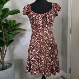 Derek Heart Brown Floral Pheasant Mini Dress with Square Neck and Button Front S